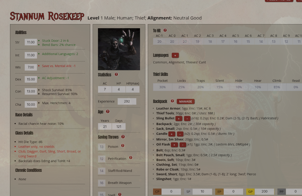 AD&D Toolkit public profile for Stannum Rosekeep, still a level 1 thief